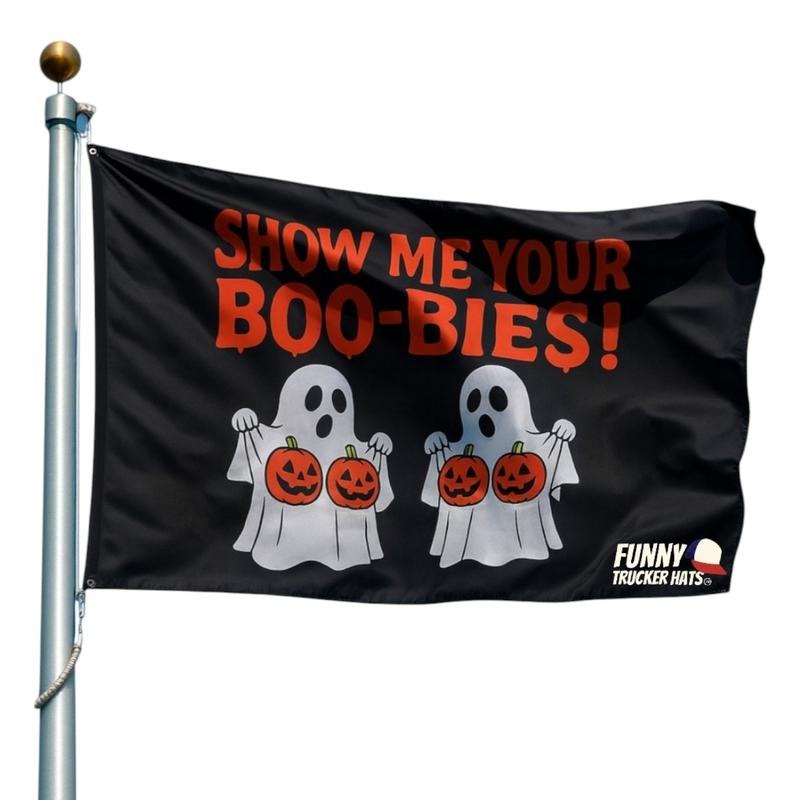 Funny Halloween Flag – “Show Me Your Boo-bies” Ghost Party Banner