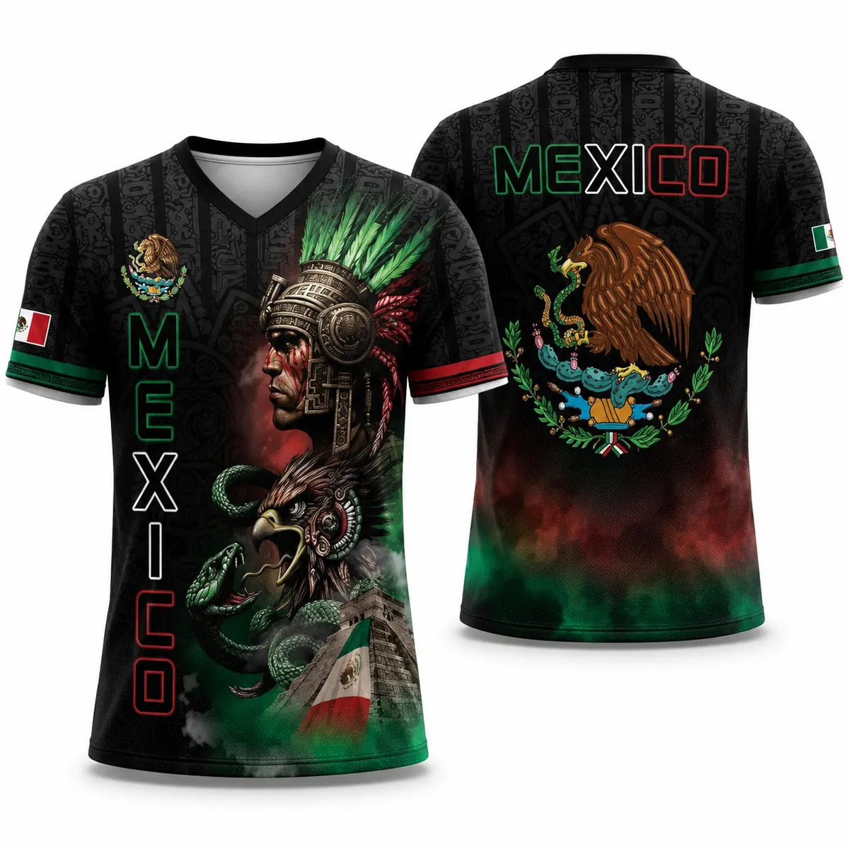 Mexico Aztec Warrior Mexican Flag Eagle And Snake Graphic - Soccer Jersey