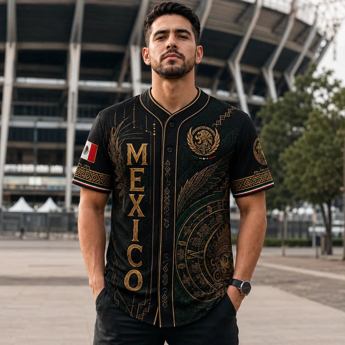 Winged Aztec Sun Calendar Graphic - Baseball Jersey