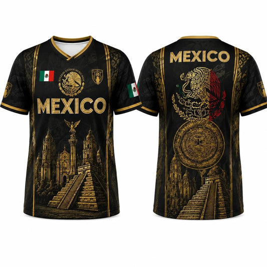 Black Gold Aztec Eagle Chichén Itzá Pyramid - Soccer Jersey
