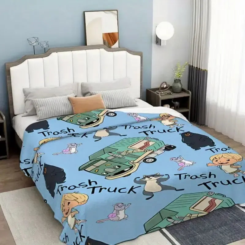 Cute Trash Truck Cartoon Soft Cozy Flannel Throw Blanket
