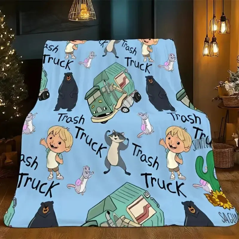 Cute Trash Truck Cartoon Soft Cozy Flannel Throw Blanket