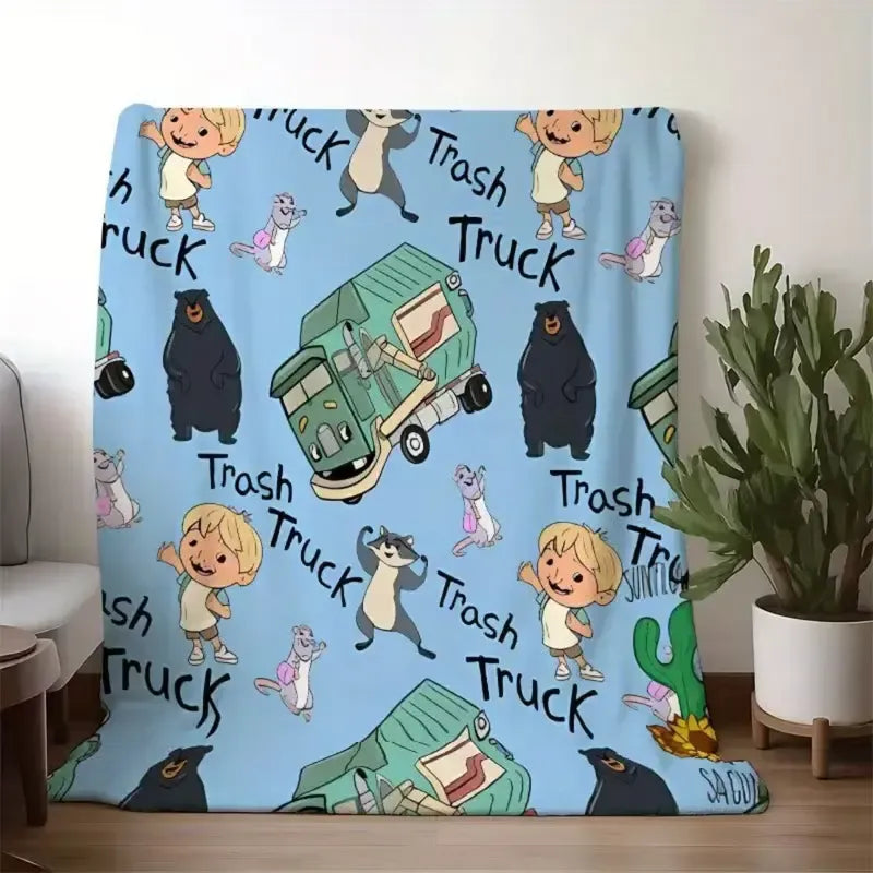 Cute Trash Truck Cartoon Soft Cozy Flannel Throw Blanket