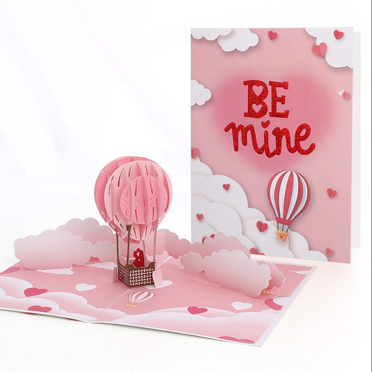 3D Pop Up Hot Air Balloon Greeting Card - Romantic "Be Mine" Heart Clouds Design