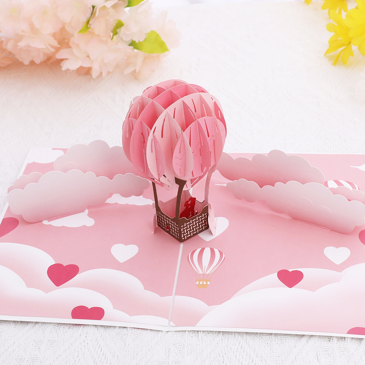 3D Pop Up Hot Air Balloon Greeting Card - Romantic "Be Mine" Heart Clouds Design