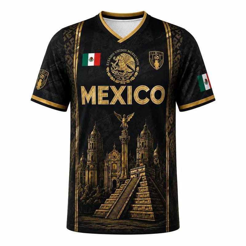 Black Gold Aztec Eagle Chichén Itzá Pyramid - Soccer Jersey