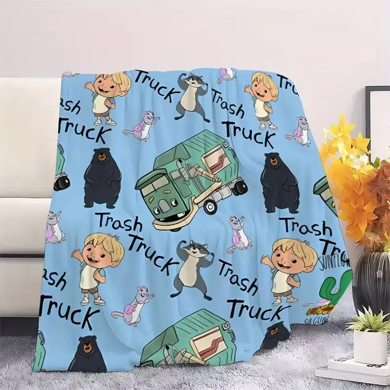 Cute Trash Truck Cartoon Soft Cozy Flannel Throw Blanket